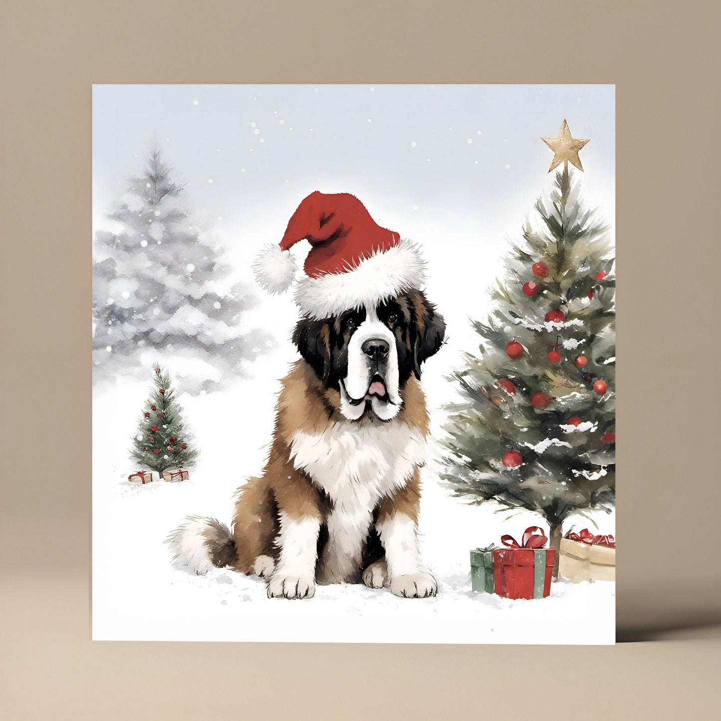 St Bernard Christmas Card - Illustrated Square Dog Lover Design