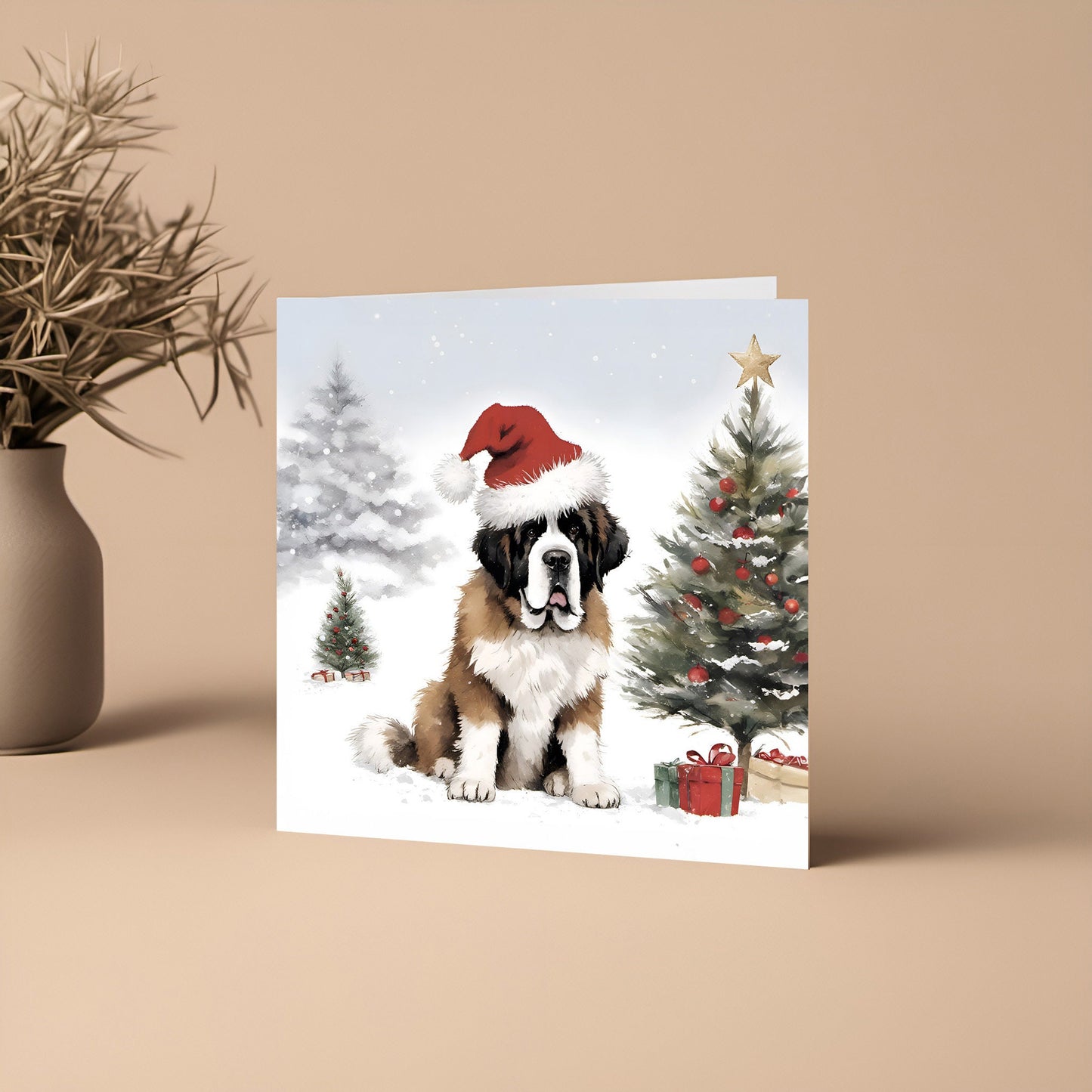 St Bernard Christmas Card - Illustrated Square Dog Lover Design