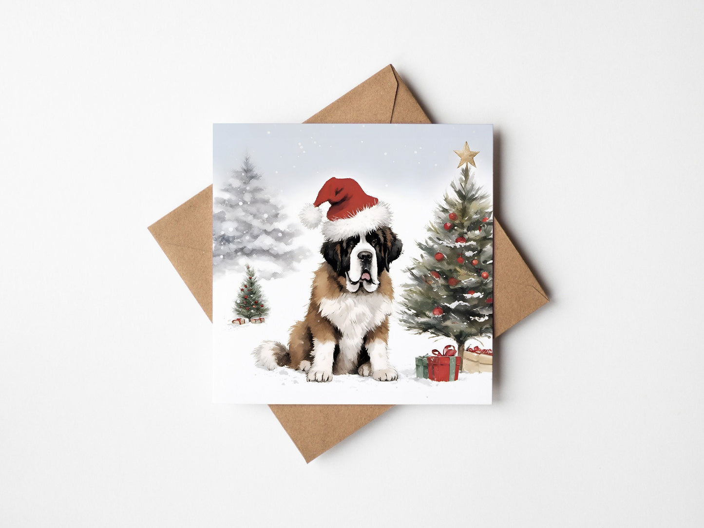 St Bernard Dog Christmas Card With Christmas Trees and presents, Square card, Kraft Envelope