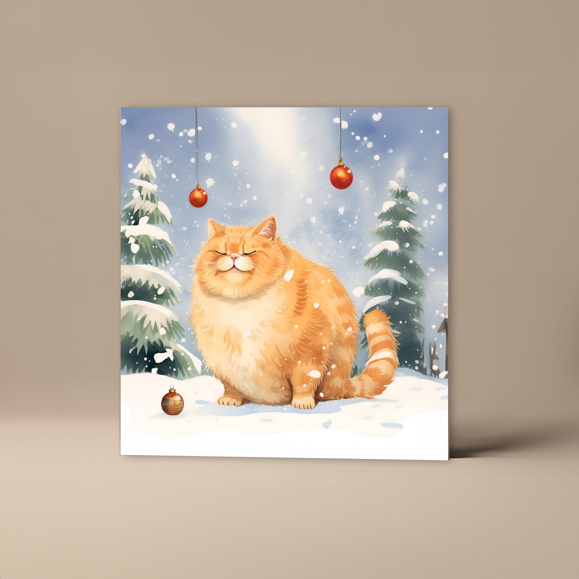 Fat Ginger Cat Card With Christmas Trees and baubles, Square card, Kraft Envelope