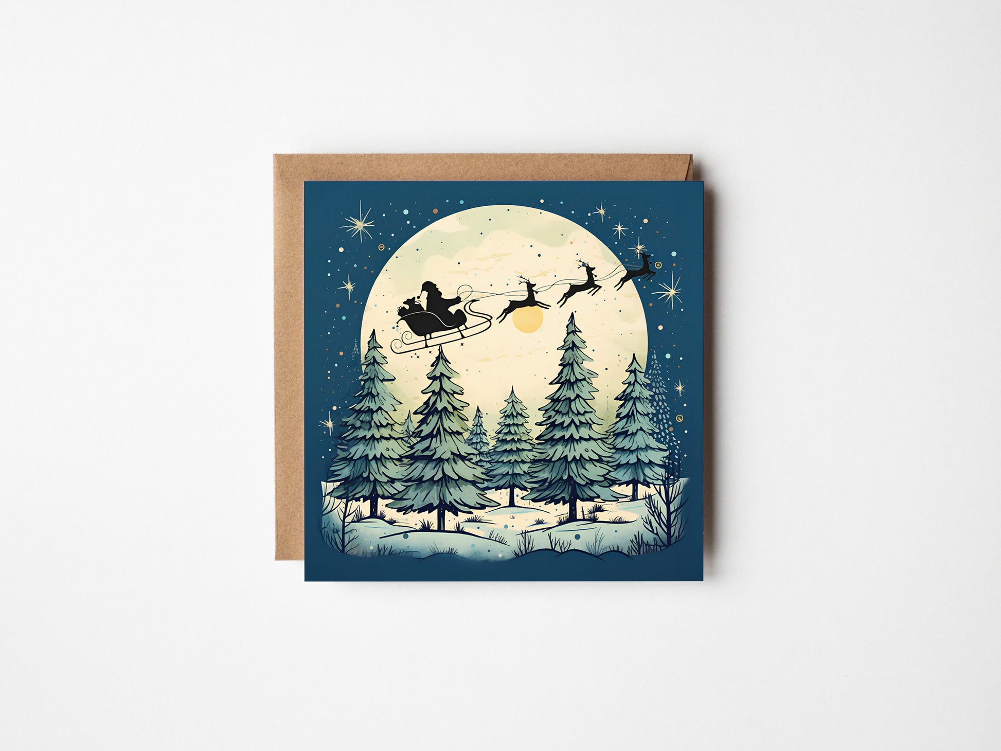 Moon Pines Card With Christmas Trees and a large moon and santa sleigh Kraft Envelope