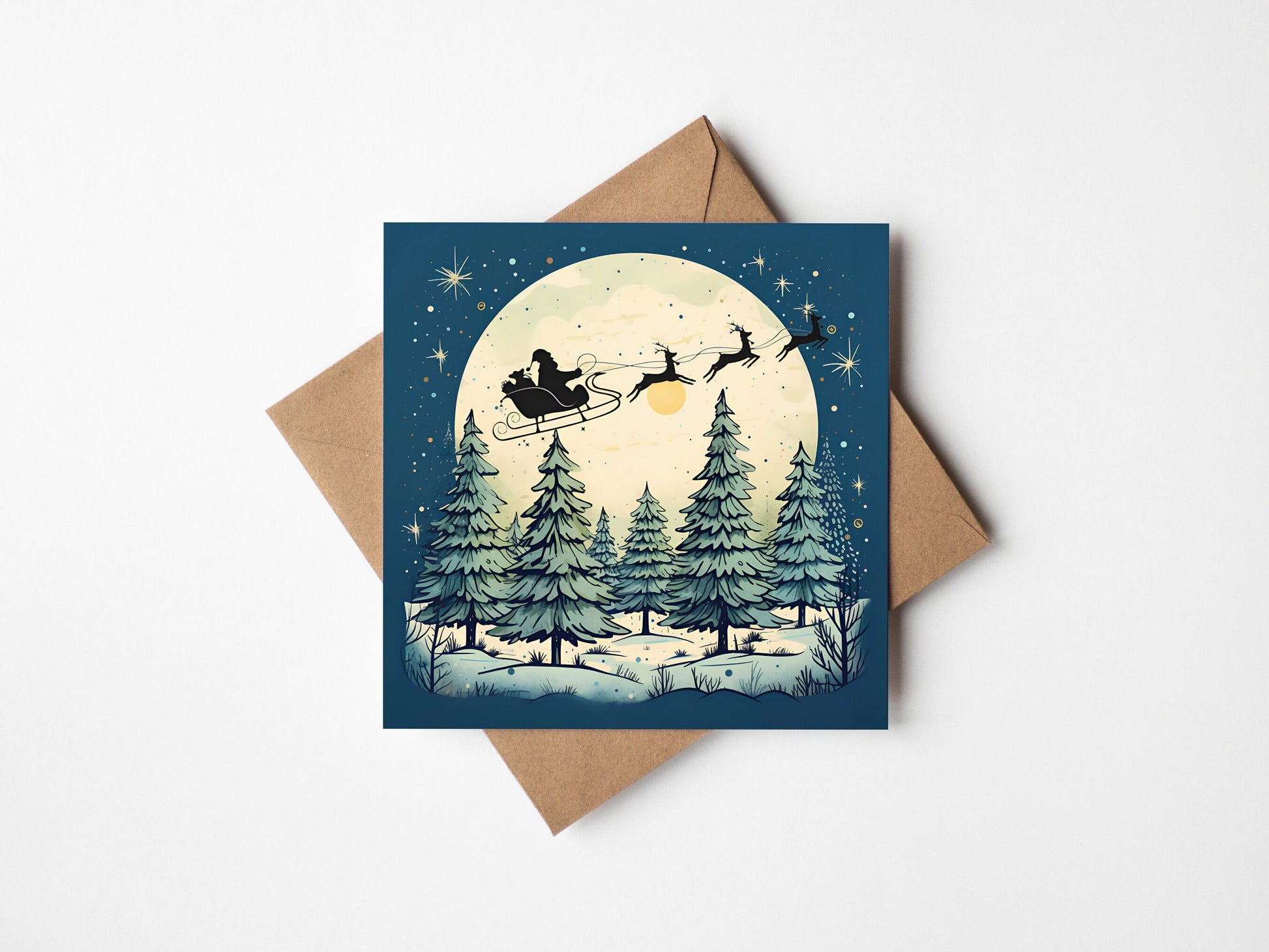 Moon Pines Card With Christmas Trees and a large moon and santa sleigh Kraft Envelope