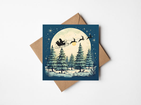 Moon Pines Card With Christmas Trees and a large moon and santa sleigh Kraft Envelope