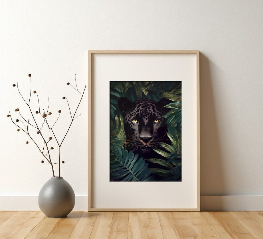 Large Wall Art with Panther Staring out from the Jungle, Dark, beautiful