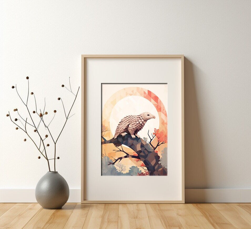 A tree pangolin sitting on a branch, orange colours, sunset, wall art, print Smaller A4