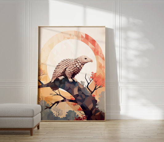 A tree pangolin sitting on a branch, orange colours, sunset, wall art, print large A1