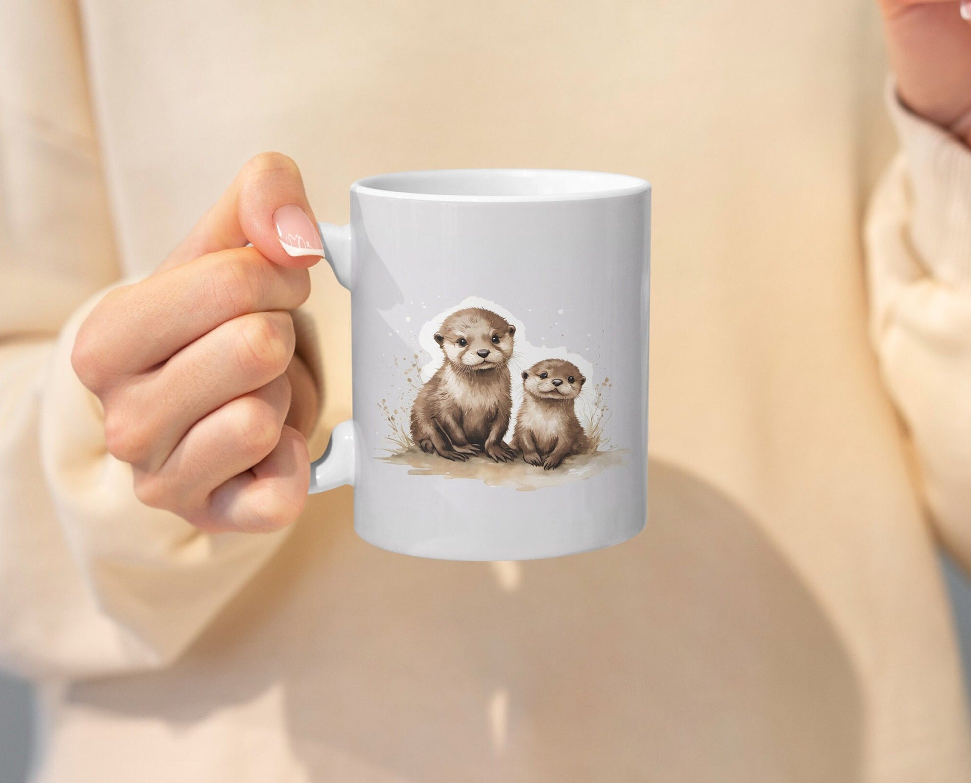 Cute Baby Otters 11oz Ceramic Mug with white handle