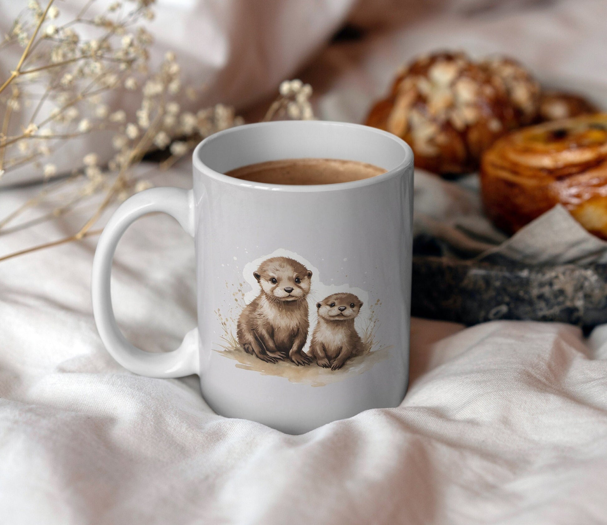 Cute Baby Otters 11oz Ceramic Mug with white handle