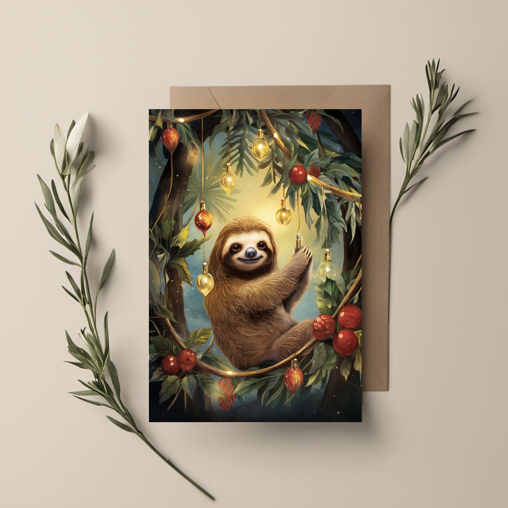 Sloth in the Christmas Lights Christmas Card With Christmas baubles and lights with a sloth in the middle, Rectangular card, Kraft Envelope