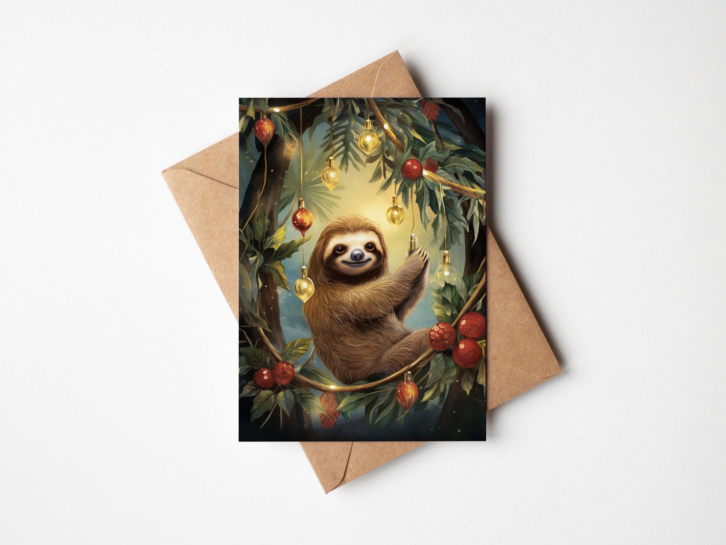 Sloth in the Christmas Lights Christmas Card With Christmas baubles and lights with a sloth in the middle, Rectangular card, Kraft Envelope