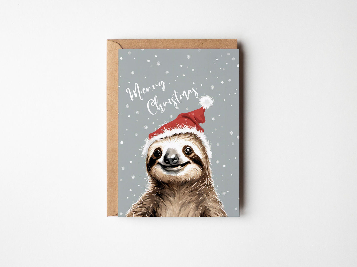 Santa Sloth Christmas Card, a happy Sloth wearing a santa hat wishing you a Merry Christmas