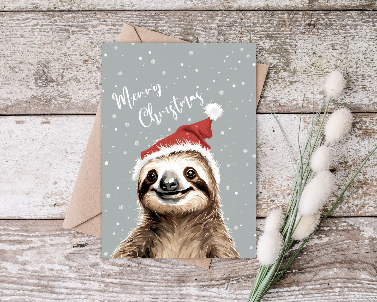 Santa Sloth Christmas Card, a happy Sloth wearing a santa hat wishing you a Merry Christmas