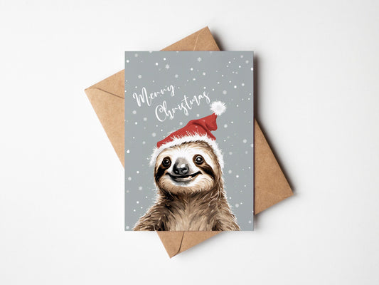 Santa Sloth Christmas Card, a happy Sloth wearing a santa hat wishing you a Merry Christmas