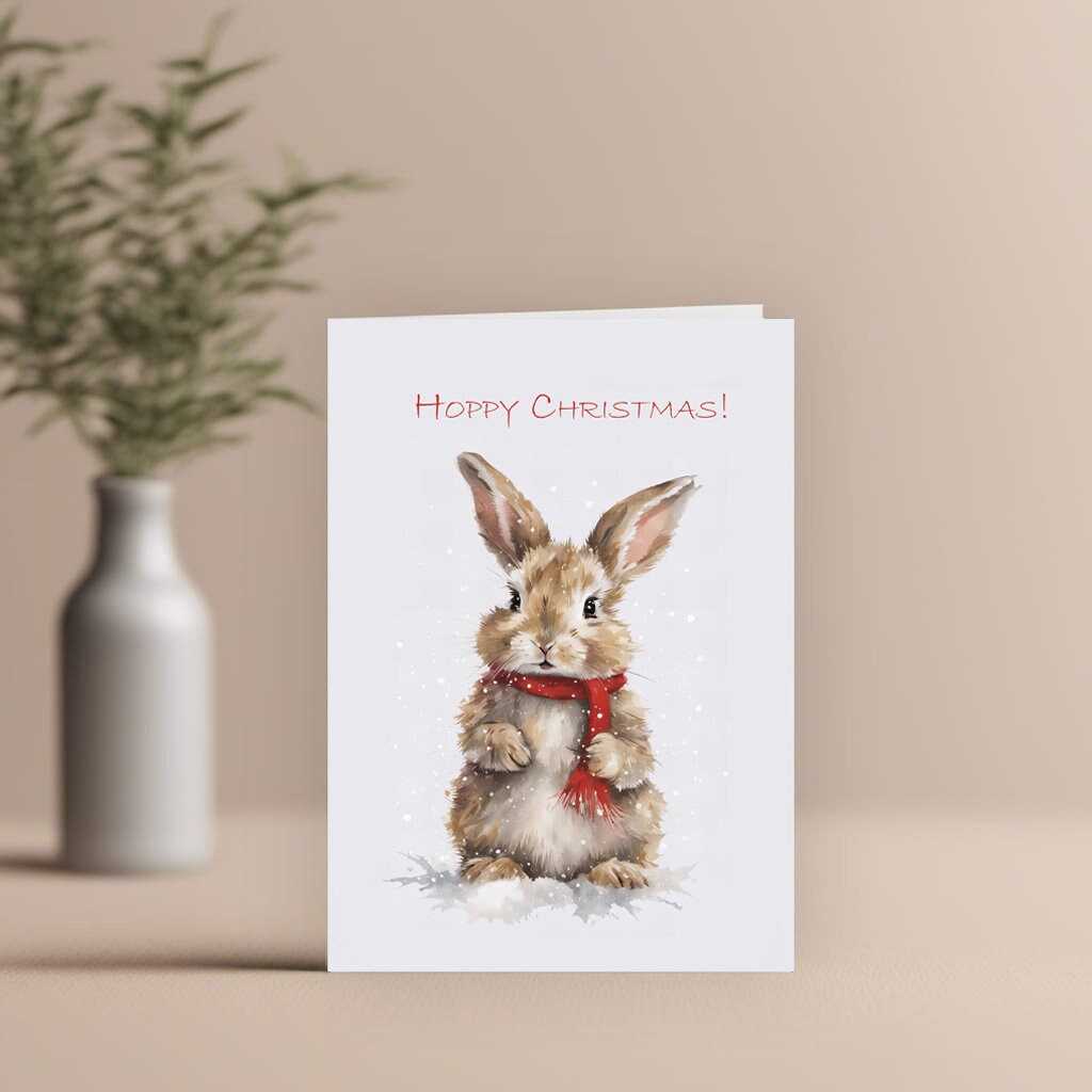 Hoppy Christmas, cute bunny Christmas Card with red scarf