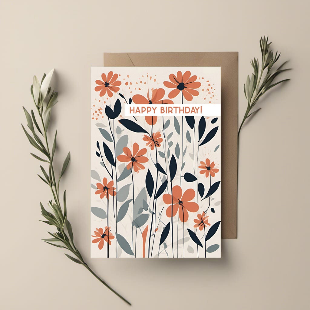 Floral Minimal contemporary design Birthday card, coral Navy and beige design, with envelope