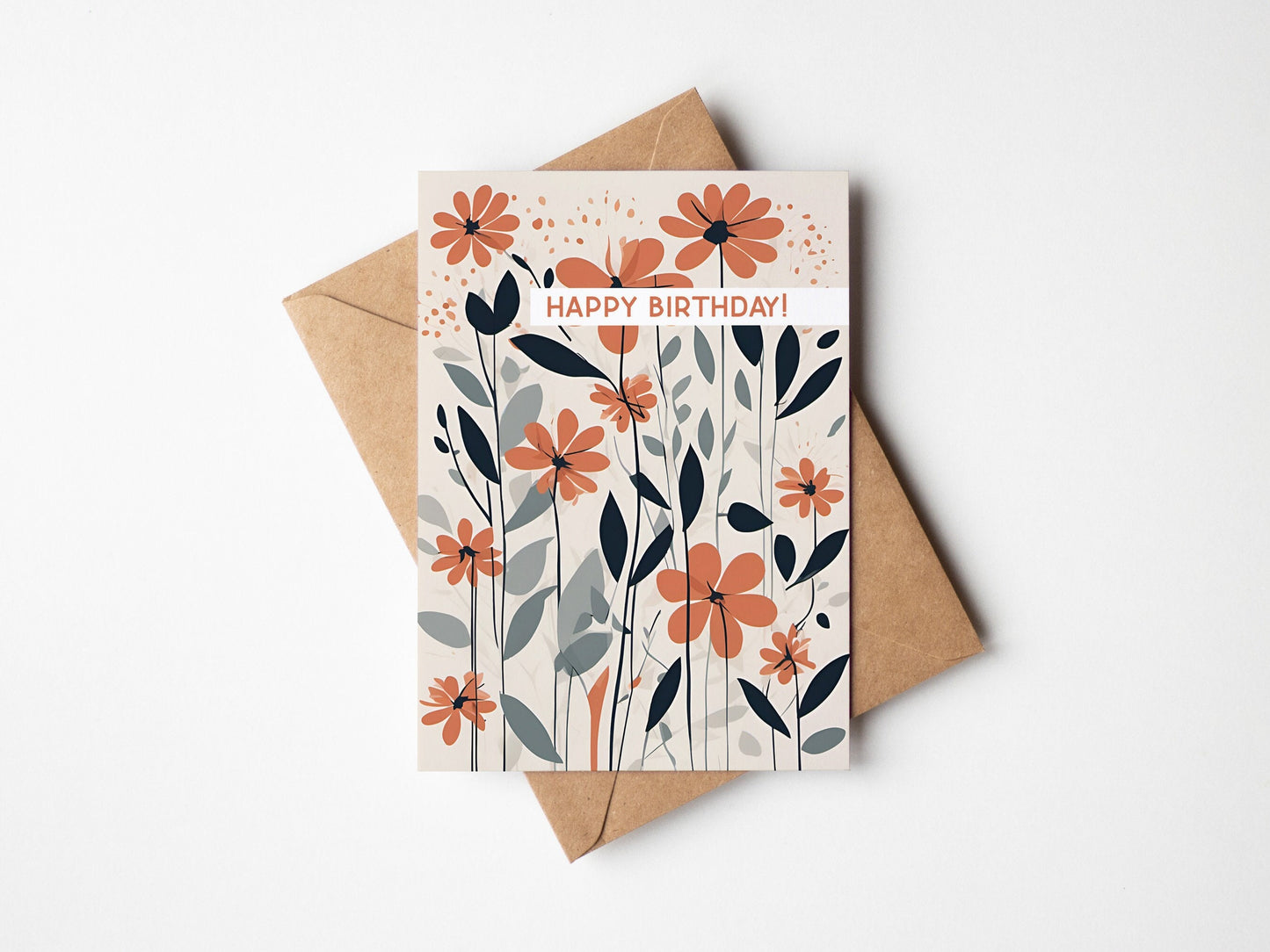 Floral Minimal contemporary design Birthday card, coral Navy and beige design, with envelope