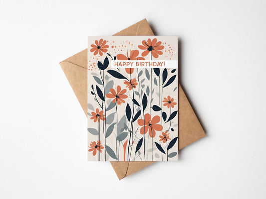 Floral Minimal contemporary design Birthday card, coral Navy and beige design, with envelope