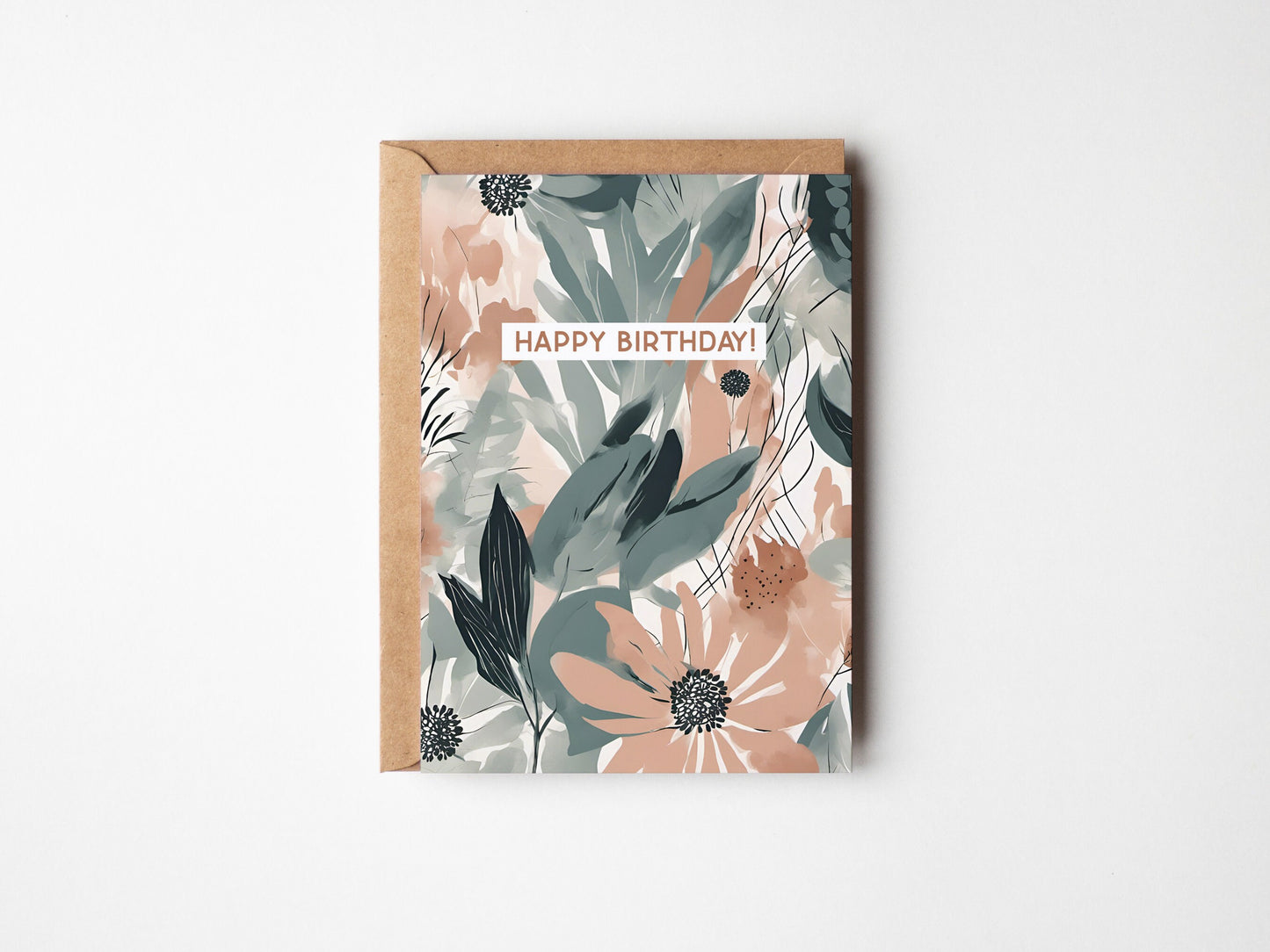 Floral Minimal contemporary design Birthday card, coral, green and teal floral design, with kraft envelope