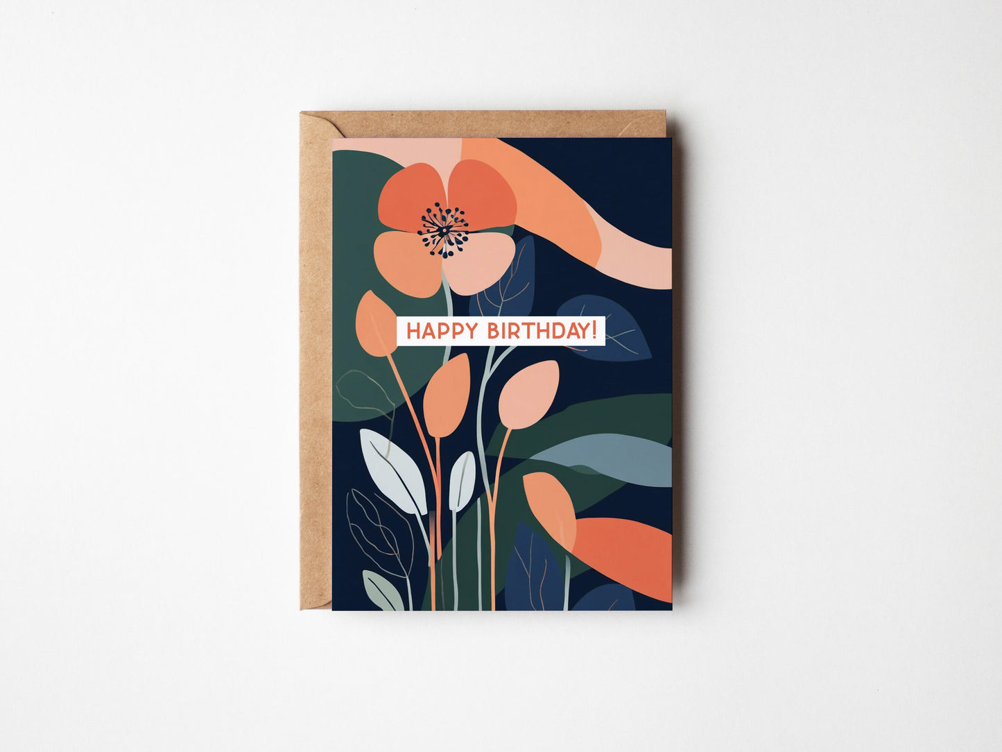 Floral Minimal contemporary design Birthday card, coral, green and navy floral design, with kraft envelope