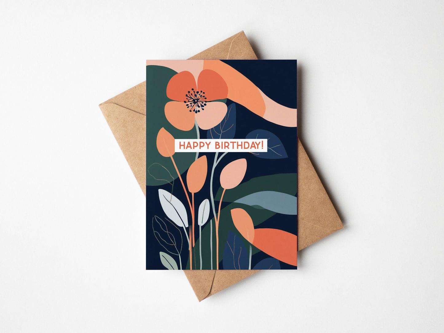 Floral Minimal contemporary design Birthday card, coral, green and navy floral design, with kraft envelope