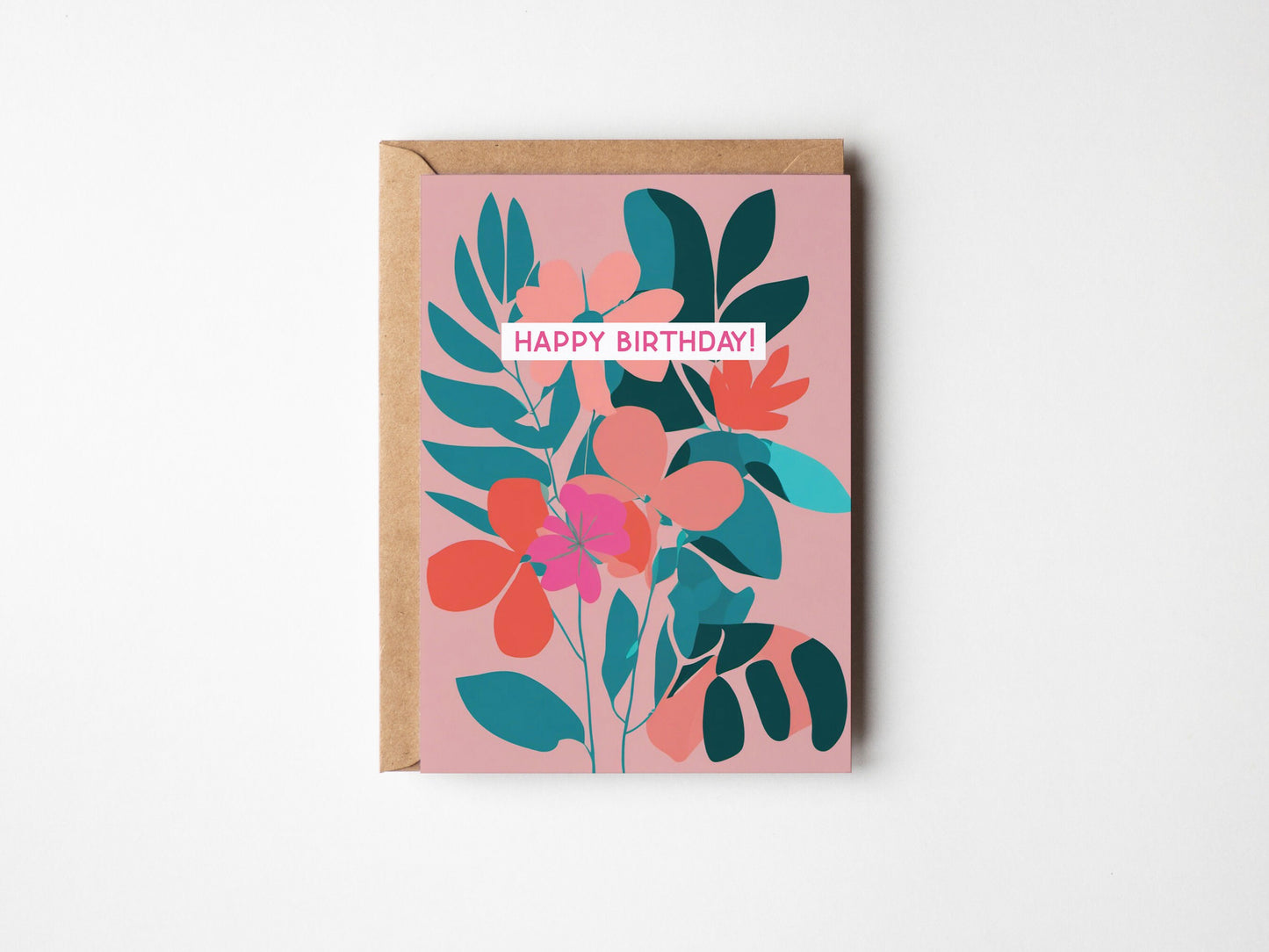 Floral Minimal contemporary design Birthday card, Pink Teal floral design, with kraft envelope