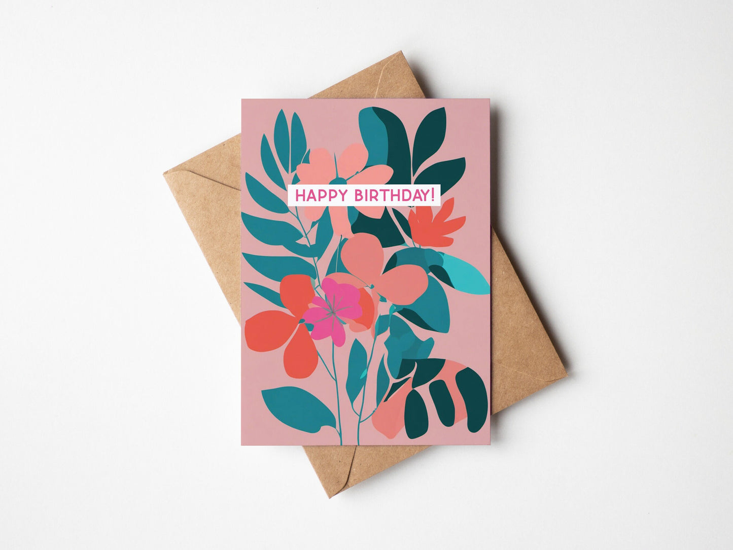 Floral Minimal contemporary design Birthday card, Pink Teal floral design, with kraft envelope