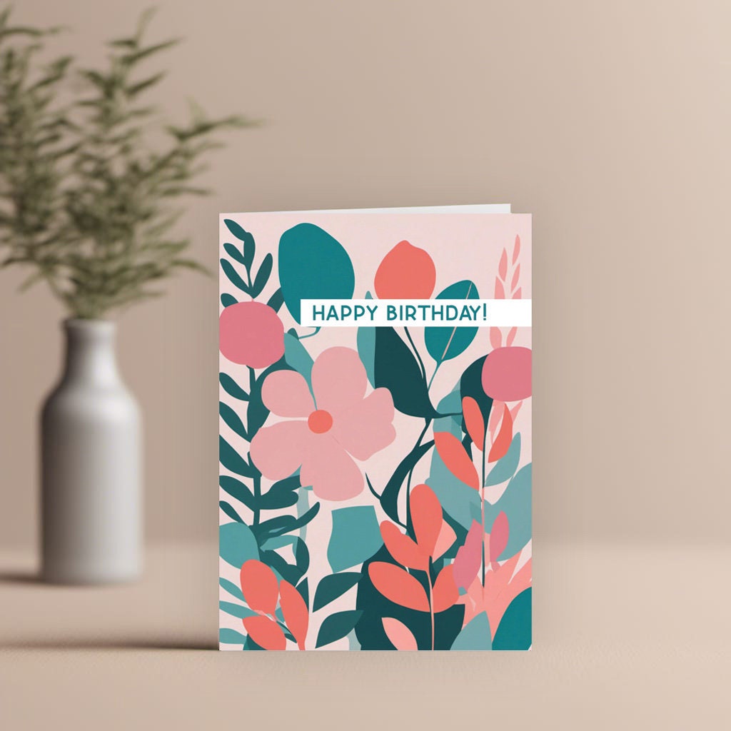 Floral Minimal contemporary design Birthday card, Pink Teal floral design, with kraft envelope