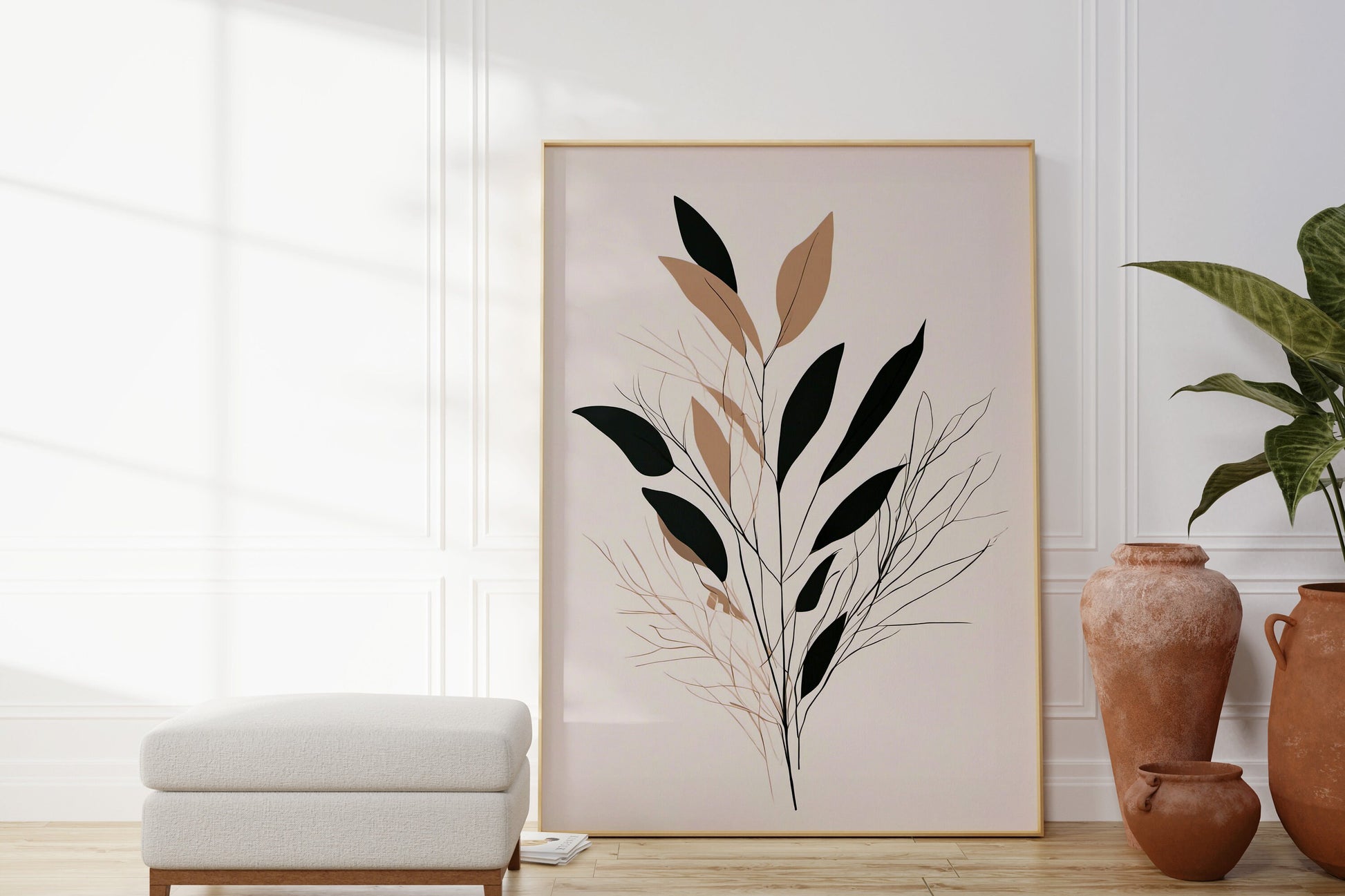 Minimalist Botanical Leaf Wall Art, beige, brown and dark green, Autumn colours, beautiful and simple art