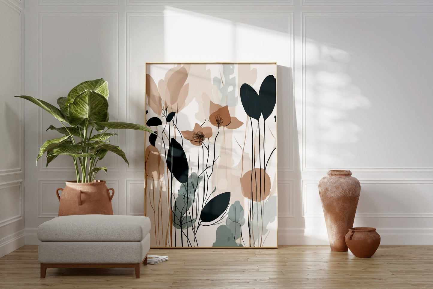 Minimalist Botanical Leaf Wall Art, beige, Pinks, brown and dark green, Autumn colours, beautiful and simple art