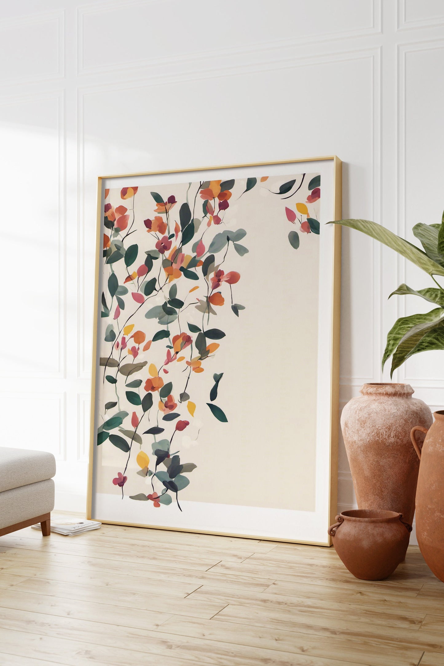 Minimalist Botanical Leaf Wall Art, Green with Orange Flowers Neutral colours, beautiful and simple art