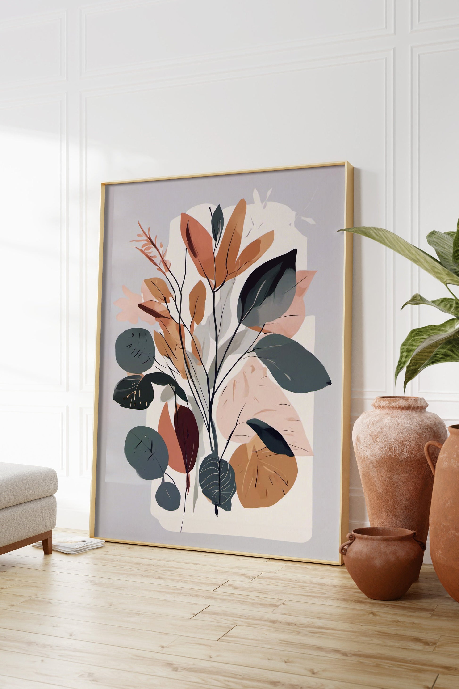 Bold Contemporary Botanical Leaf Wall Art, Grey, Terracotta and green, Neutral colours, beautiful and simple art