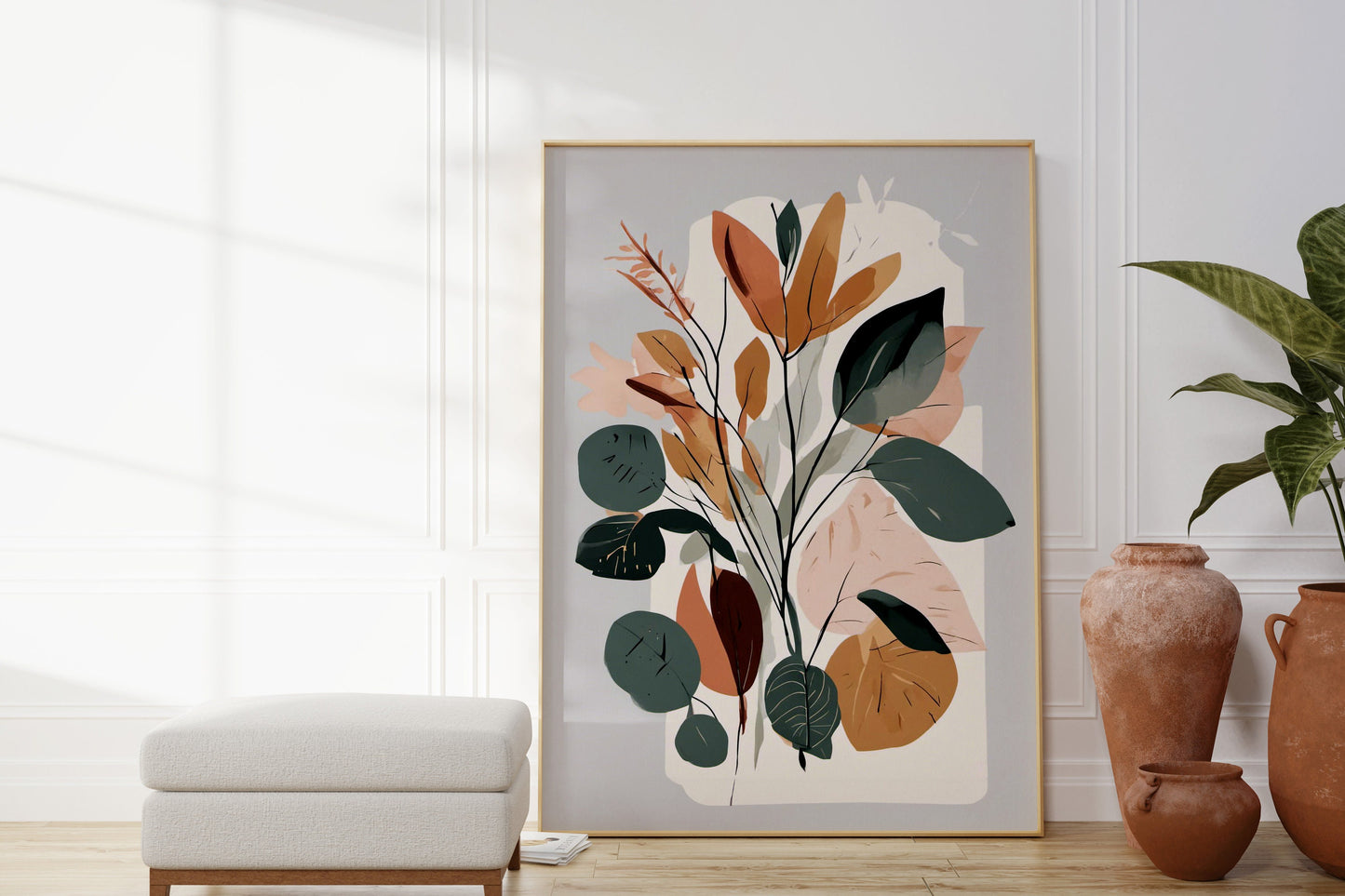 Bold Contemporary Botanical Leaf Wall Art, Grey, Terracotta and green, Neutral colours, beautiful and simple art