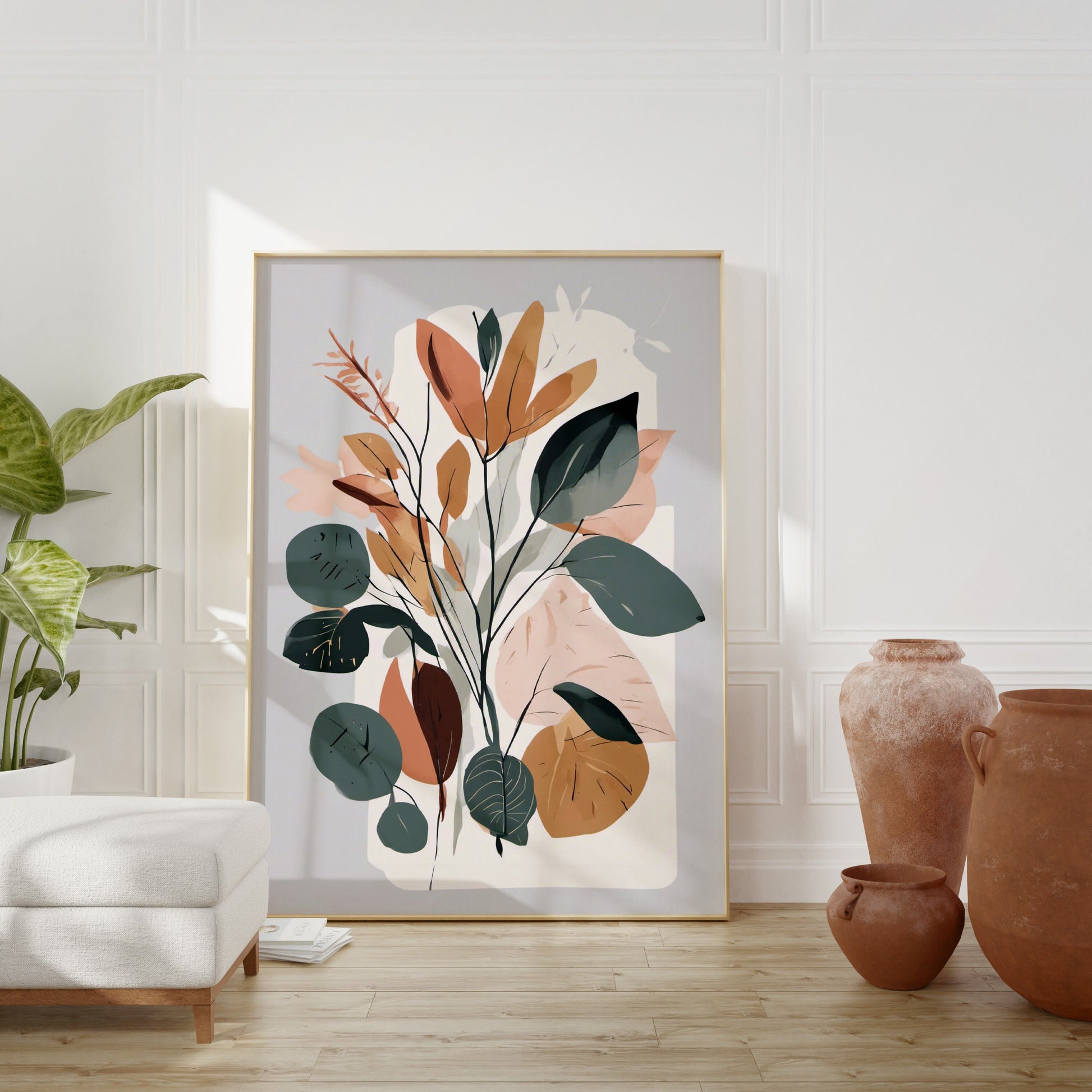 Bold Contemporary Botanical Leaf Wall Art, Grey, Terracotta and green, Neutral colours, beautiful and simple art