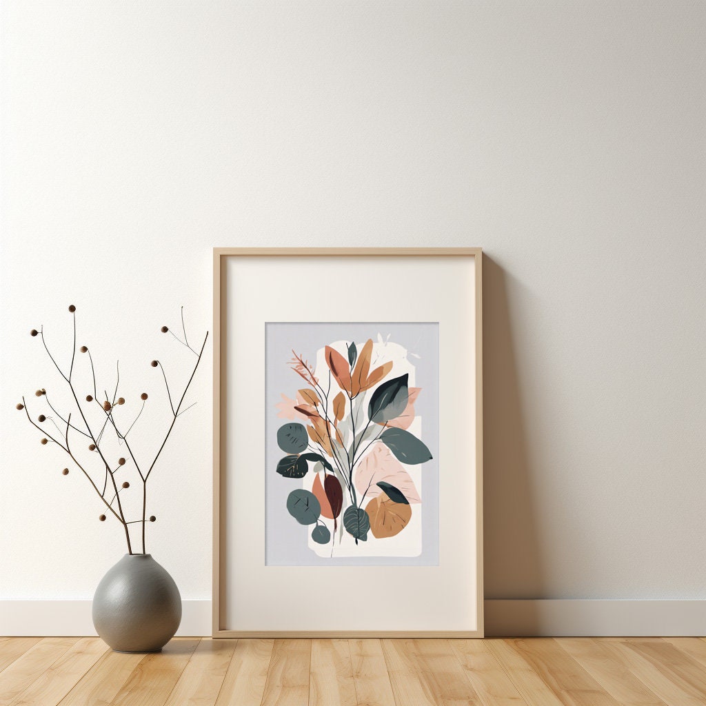 Bold Contemporary Botanical Leaf Wall Art, Grey, Terracotta and green, Neutral colours, beautiful and simple art