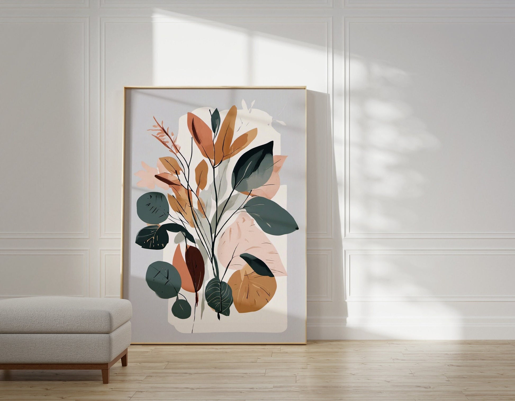 Bold Contemporary Botanical Leaf Wall Art, Grey, Terracotta and green, Neutral colours, beautiful and simple art