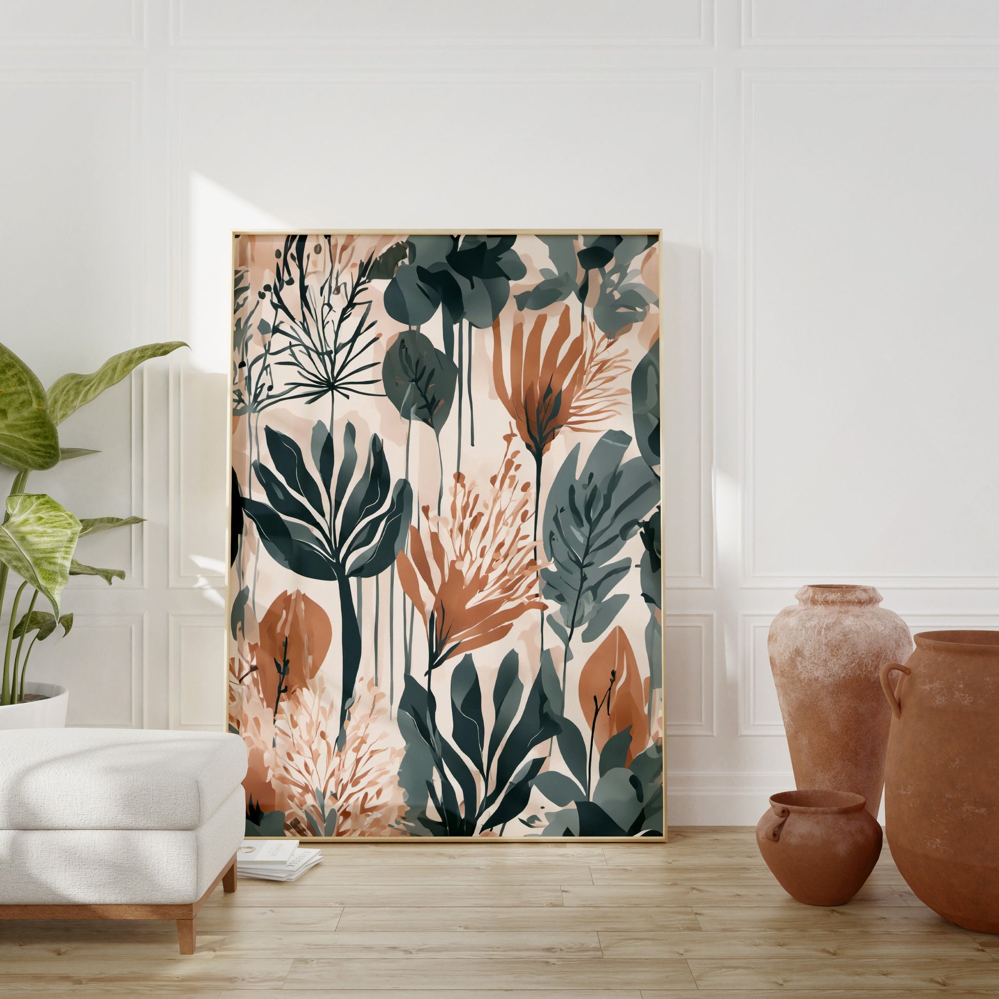 Bold Contemporary Botanical Leaf Wall Art, coral and sage green, Neutral colours, beautiful and simple art