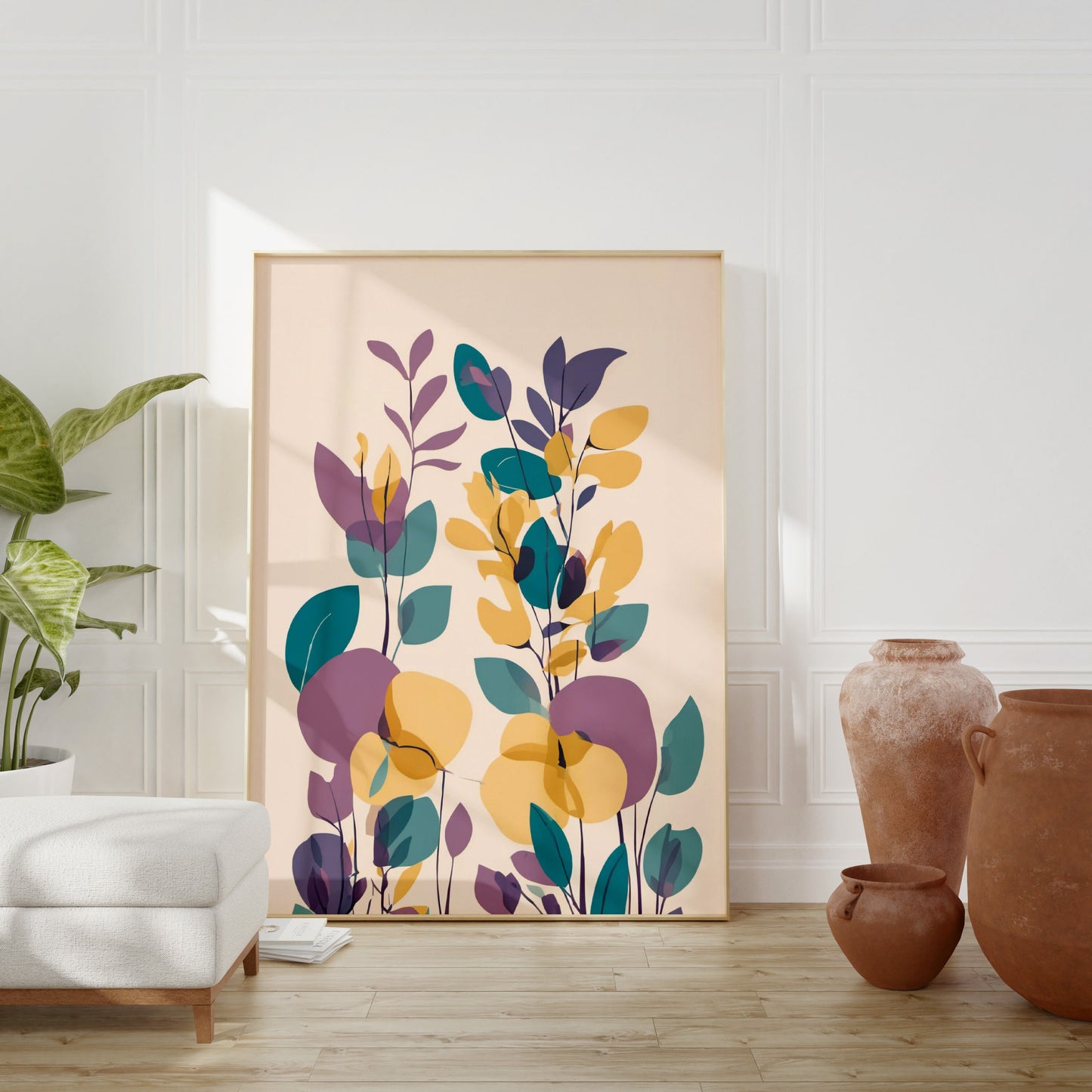 Bold Contemporary Botanical Leaf Floral Wall Art, yellow, purple and green Neutral colours, beautiful and simple art