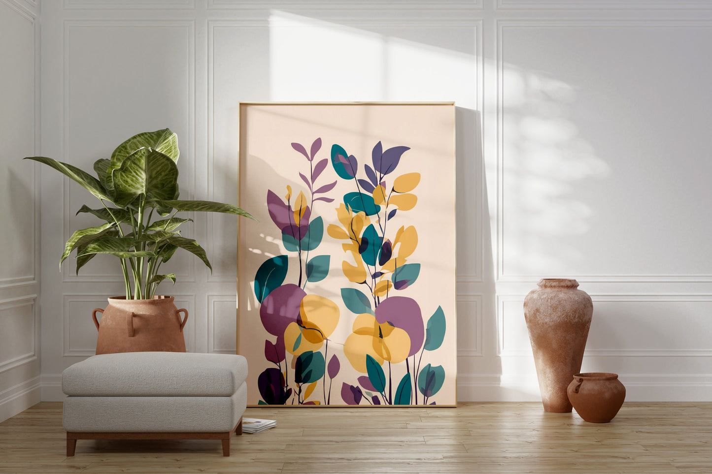 Bold Contemporary Botanical Leaf Floral Wall Art, yellow, purple and green Neutral colours, beautiful and simple art