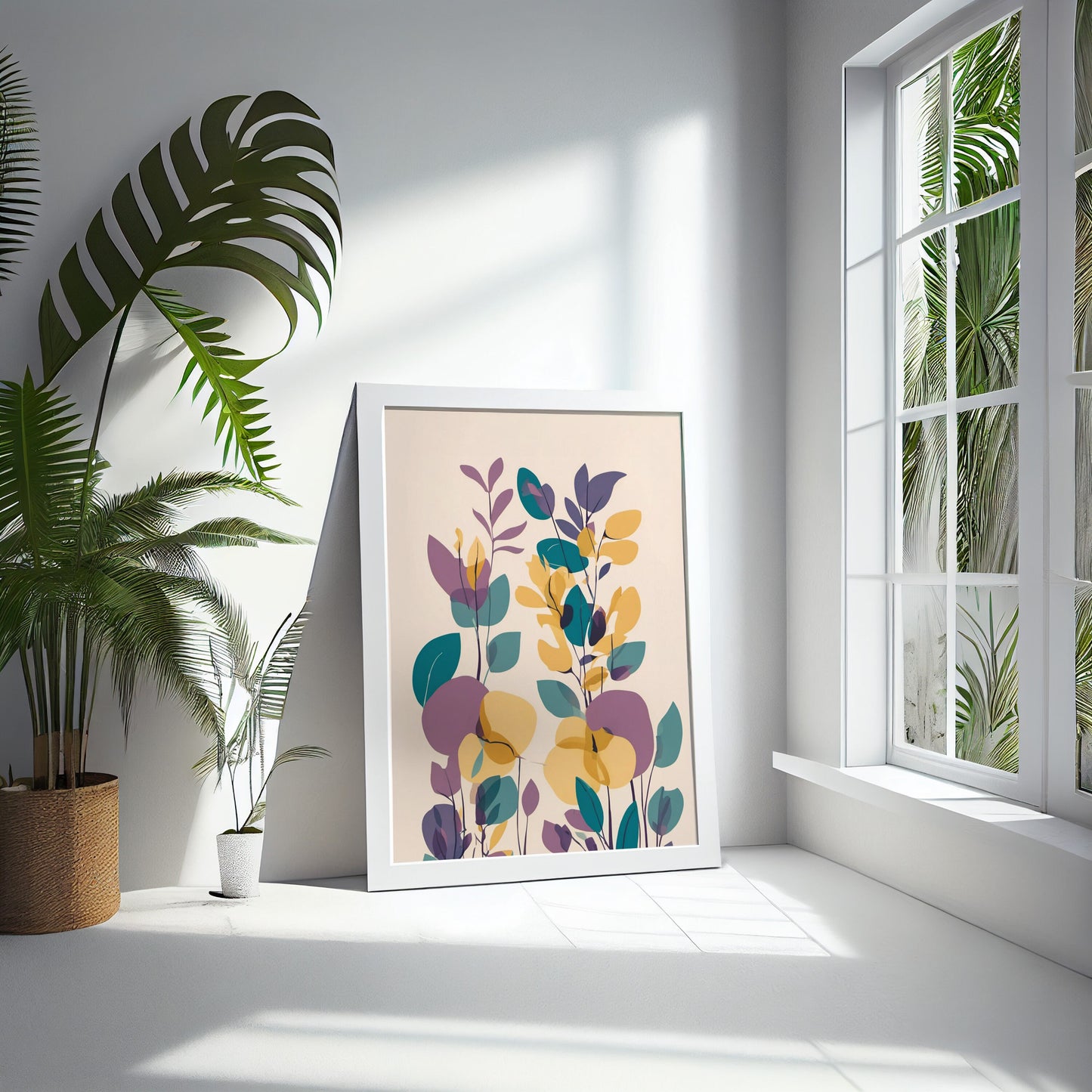 Bold Contemporary Botanical Leaf Floral Wall Art, yellow, purple and green Neutral colours, beautiful and simple art