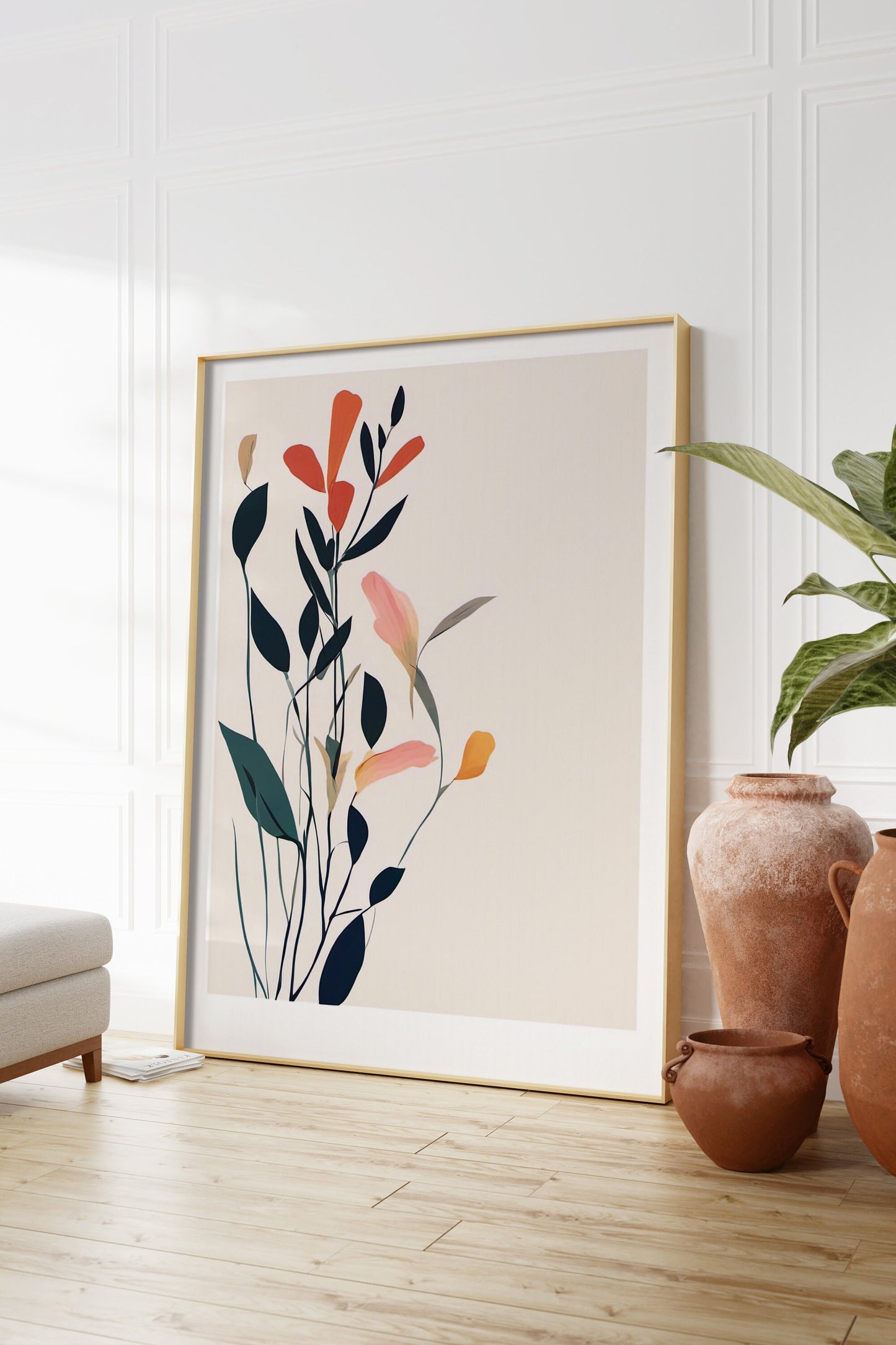 Bold Contemporary Botanical Leaf Floral Wall Art, orange, and green Neutral colours, beautiful and simple art