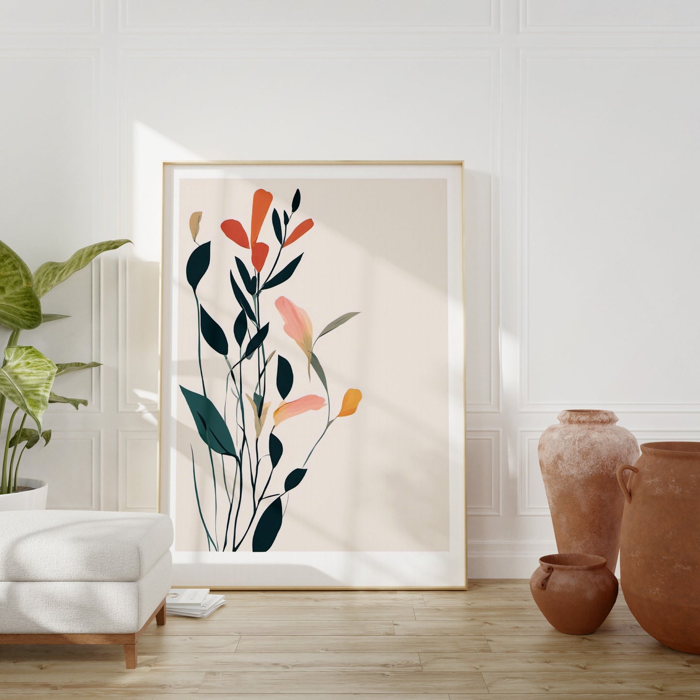 Bold Contemporary Botanical Leaf Floral Wall Art, orange, and green Neutral colours, beautiful and simple art