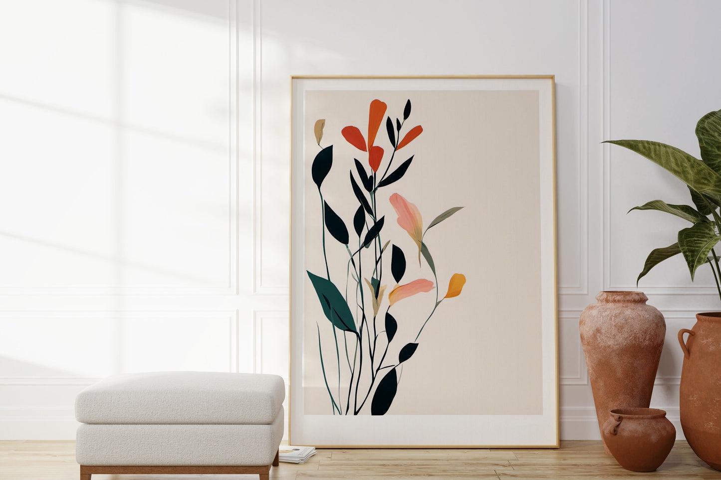 Bold Contemporary Botanical Leaf Floral Wall Art, orange, and green Neutral colours, beautiful and simple art