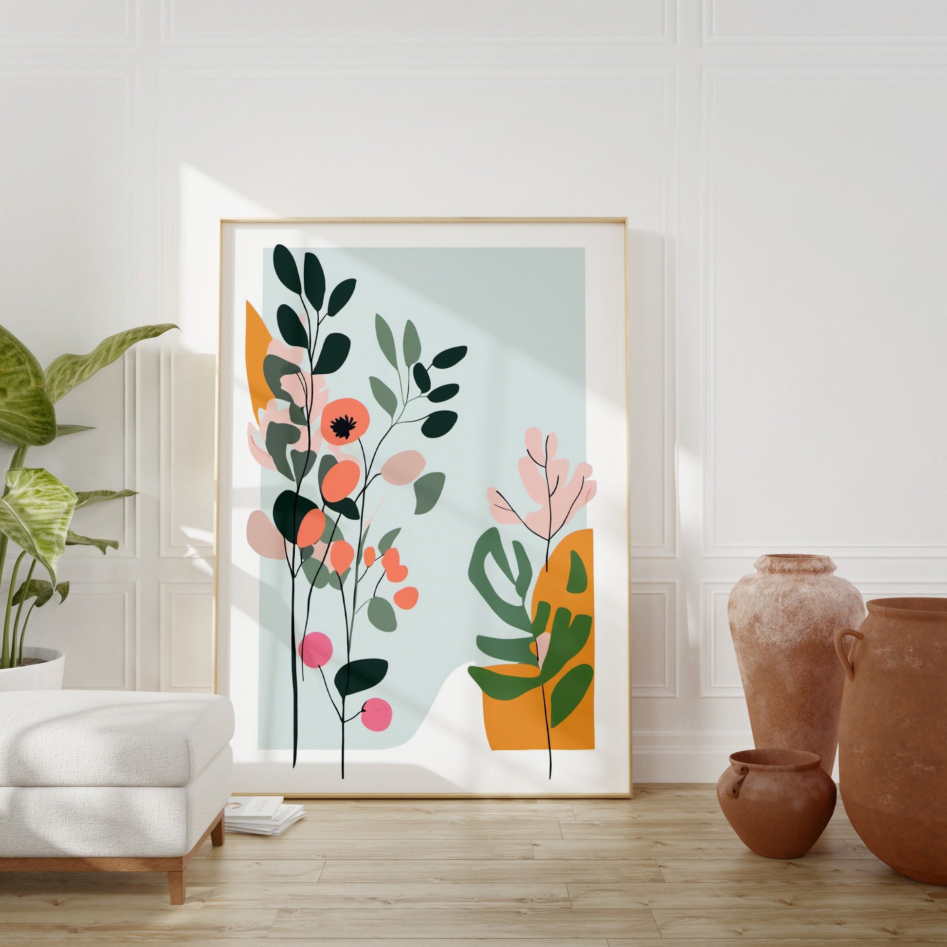 Contemporary Botanical Leaf Wall Art, coral and sage green, Neutral colours, beautiful and simple art