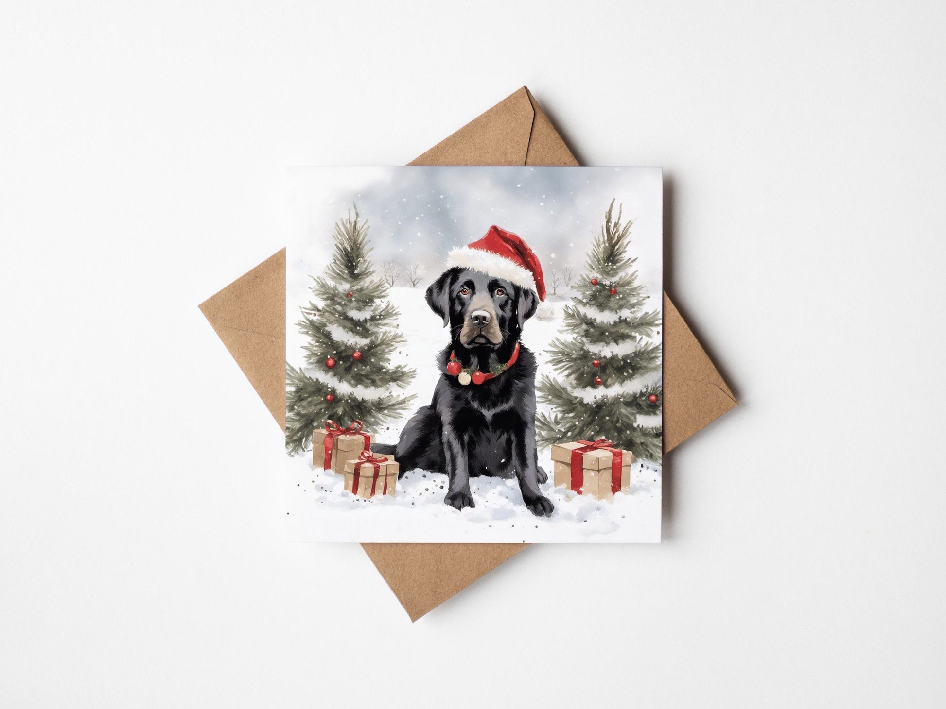 Back Labrador Retriever Christmas Card With Christmas Trees and presents, Square card, Kraft Envelope