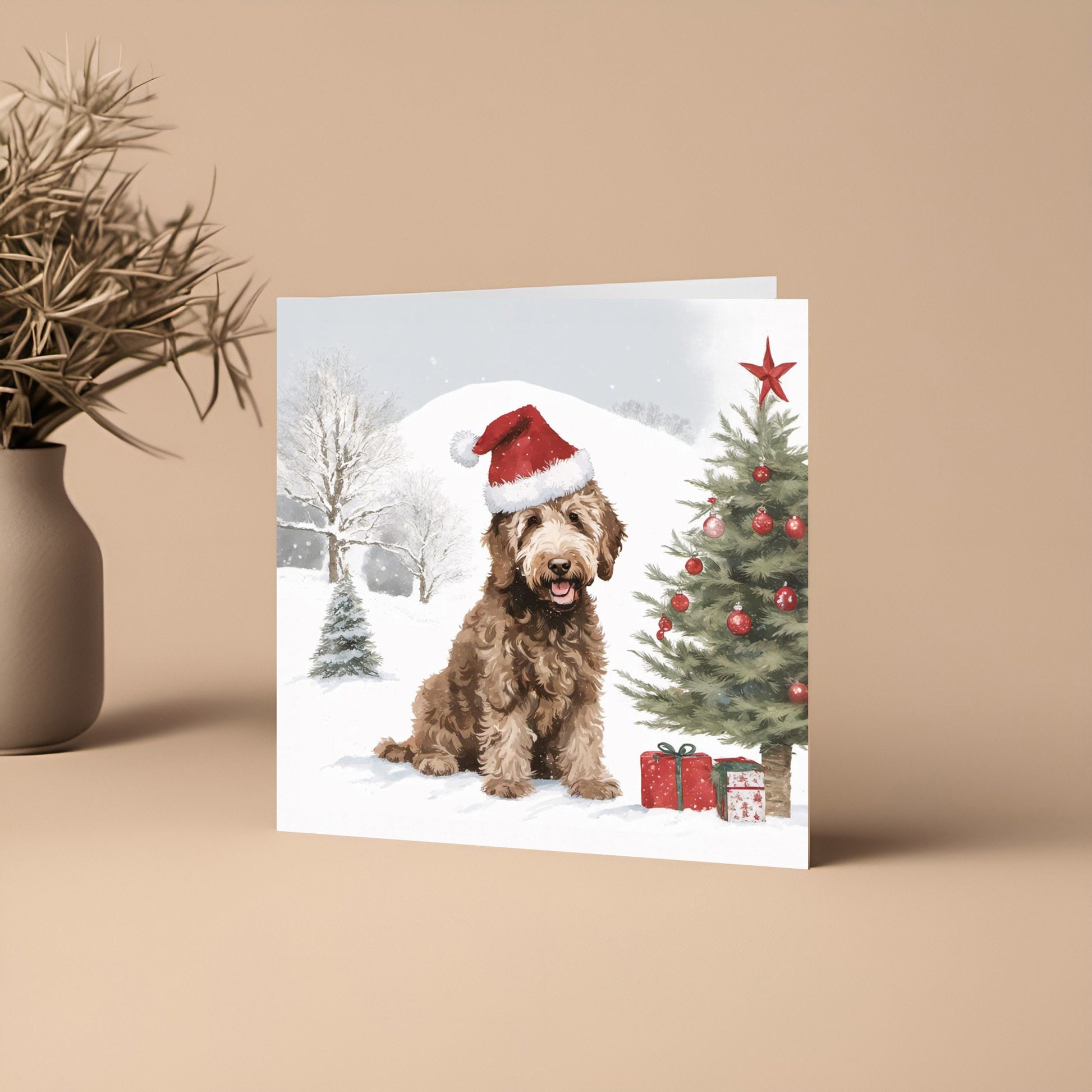 Labradoodle Christmas Card With Christmas Trees and presents, Square card, Kraft Envelope