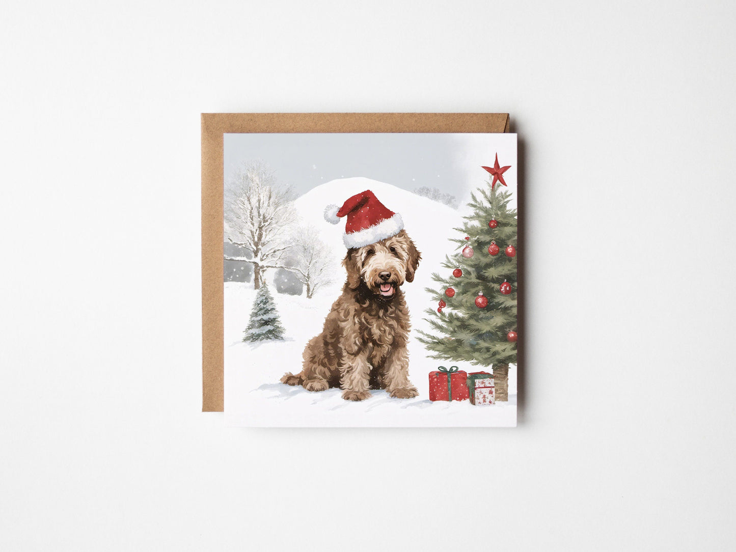 Labradoodle Christmas Card With Christmas Trees and presents, Square card, Kraft Envelope