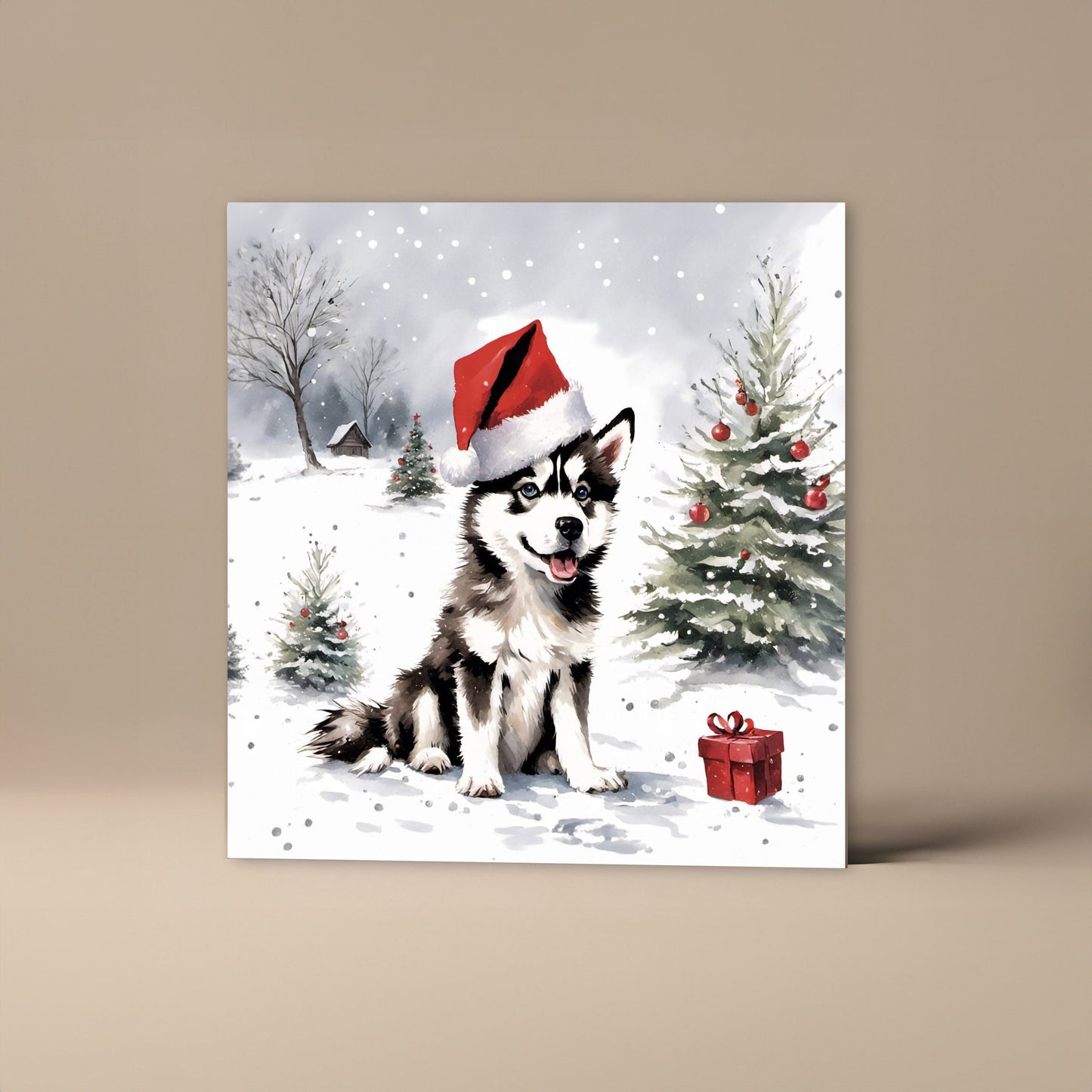 Husky Puppy Christmas Card With Christmas Trees and presents, Square card, Kraft Envelope