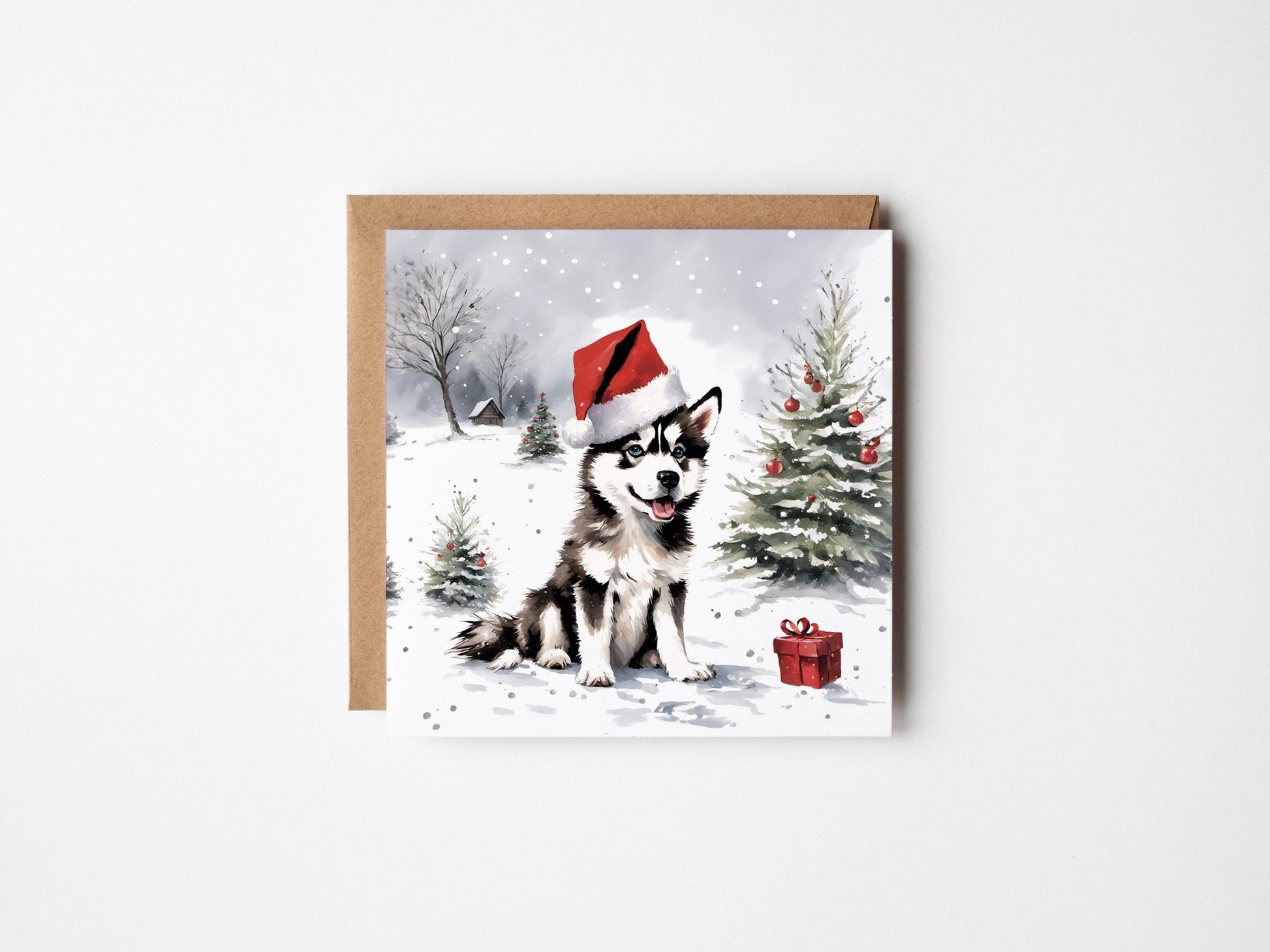 Husky Puppy Christmas Card With Christmas Trees and presents, Square card, Kraft Envelope