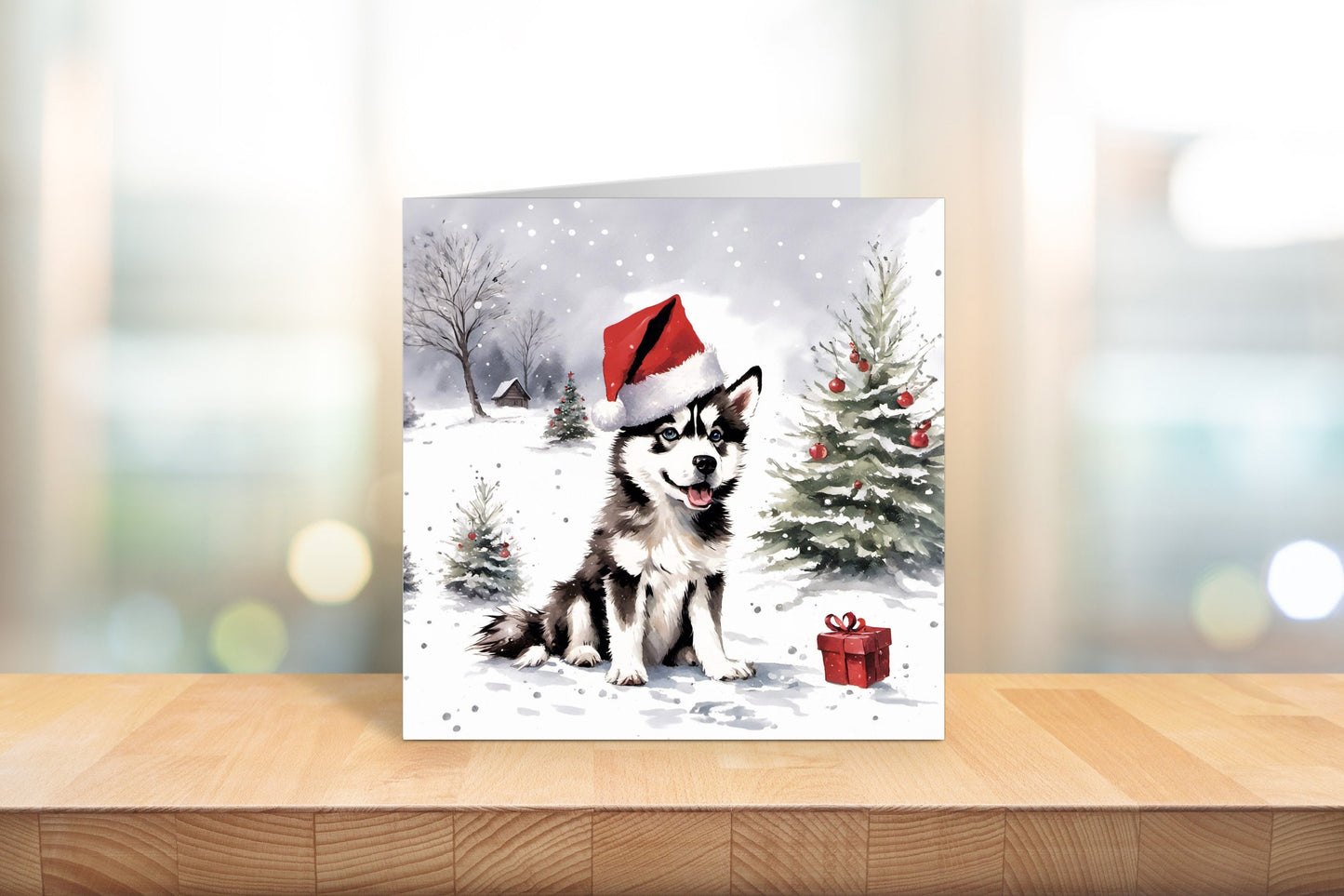 Husky Puppy Christmas Card With Christmas Trees and presents, Square card, Kraft Envelope