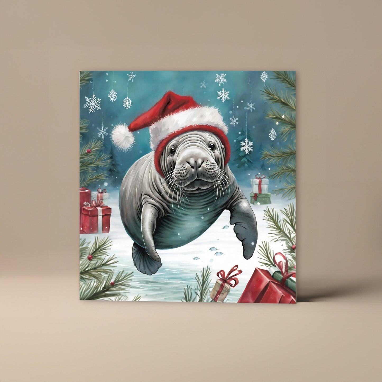 Manatee Underwater Christmas Card With Christmas Trees and presents, Square card, Kraft Envelope